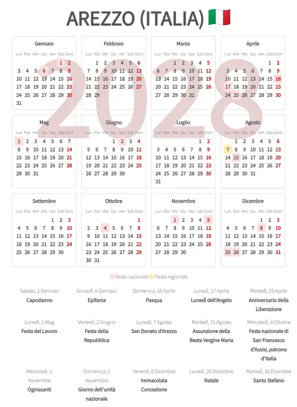 Calendario Lavorativo 2028, Arezzo (Italia)