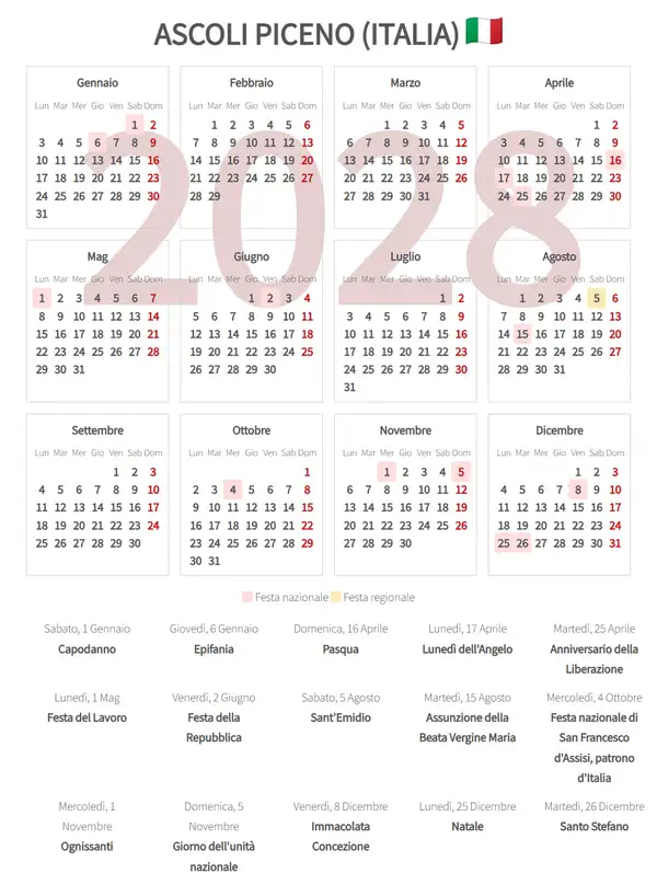 Calendario Lavorativo 2028, Ascoli piceno (Italia)