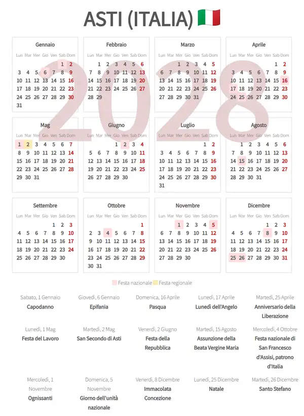 Calendario Lavorativo 2028, Asti (Italia)