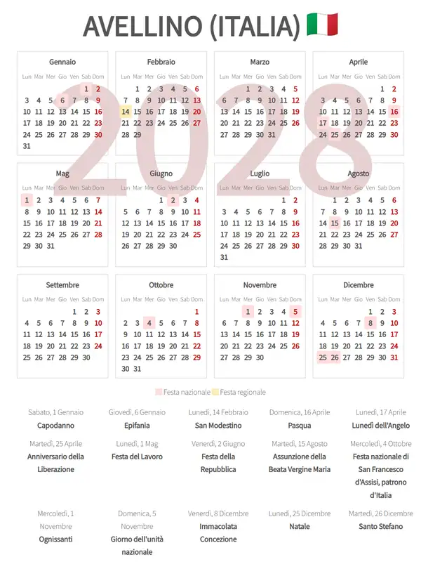 Calendario Lavorativo 2028, Avellino (Italia)