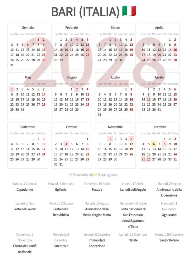 Calendario Lavorativo 2028, Bari (Italia)