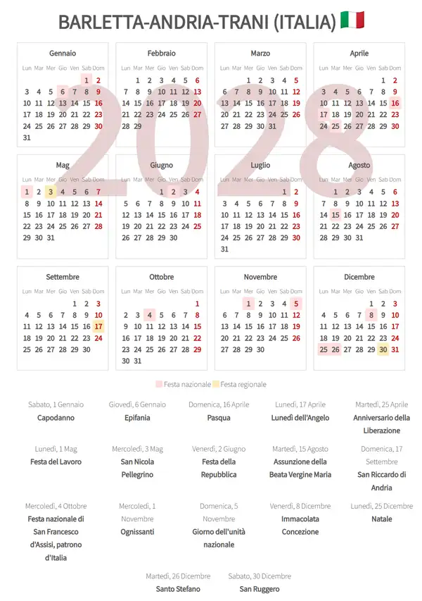 Calendario Lavorativo 2028, Barletta-andria-trani (Italia)
