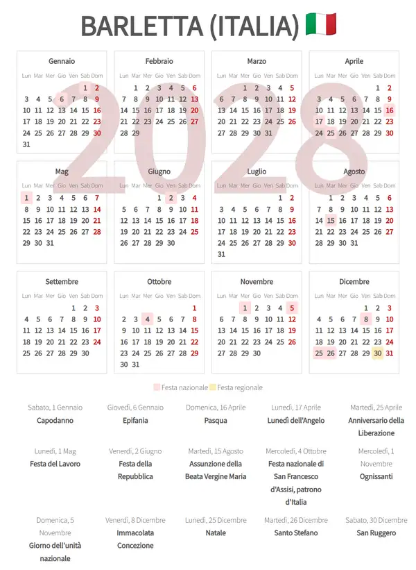 Calendario Lavorativo 2028, Barletta (Italia)