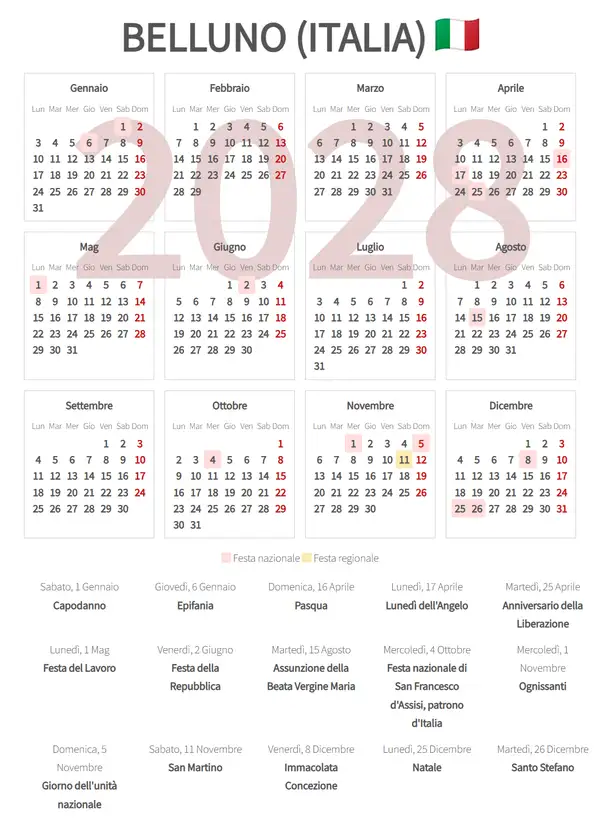 Calendario Lavorativo 2028, Belluno (Italia)