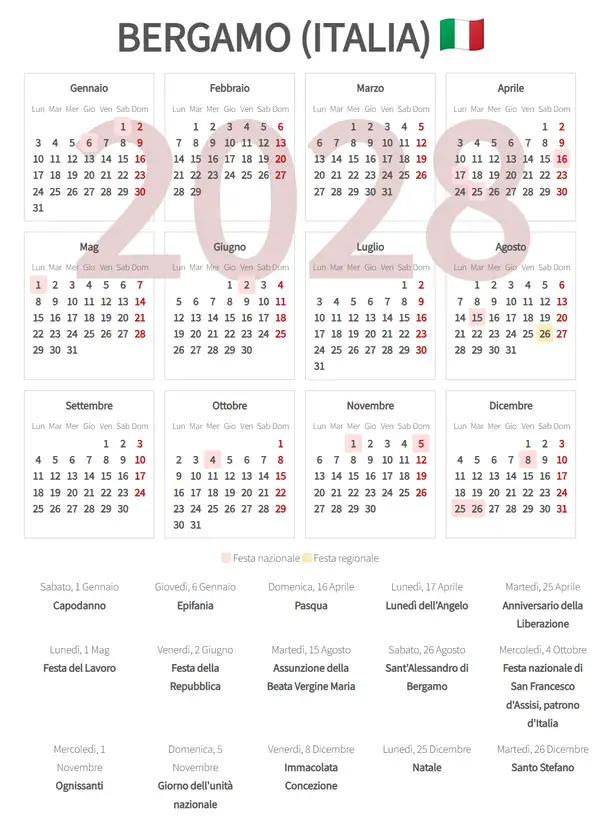 Calendario Lavorativo 2028, Bergamo (Italia)