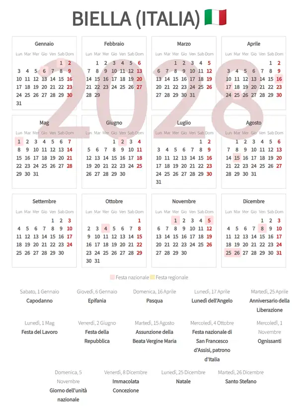 Calendario Lavorativo 2028, Biella (Italia)