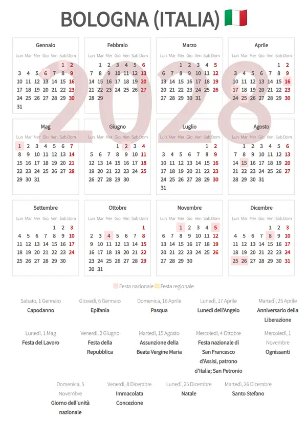 Calendario Lavorativo 2028, Bologna (Italia)