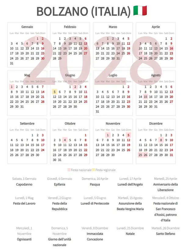 Calendario Lavorativo 2028, Bolzano (Italia)