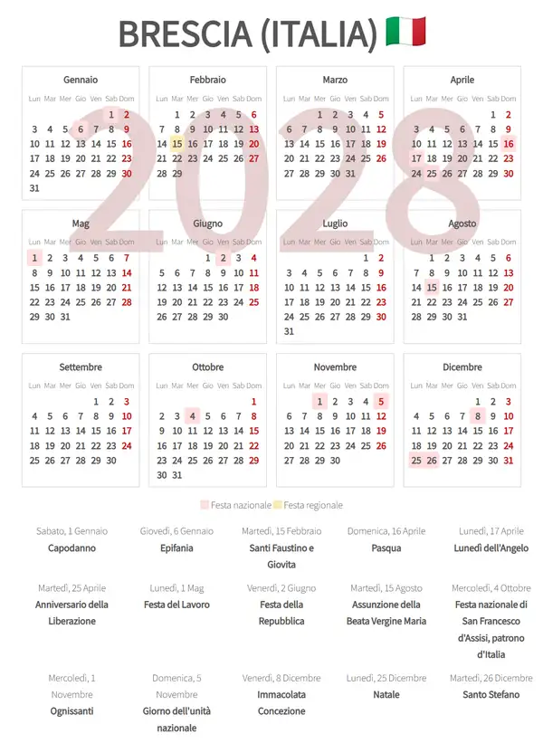 Calendario Lavorativo 2028, Brescia (Italia)