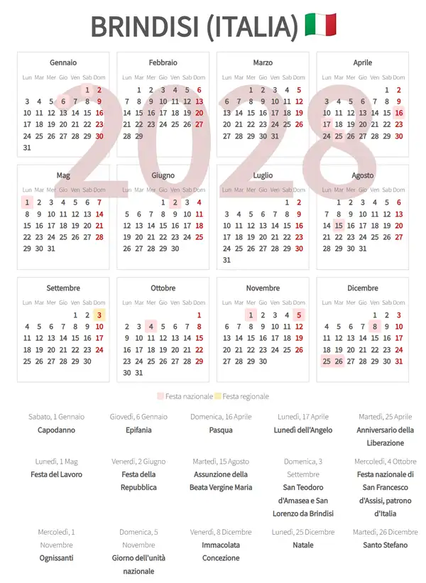 Calendario Lavorativo 2028, Brindisi (Italia)