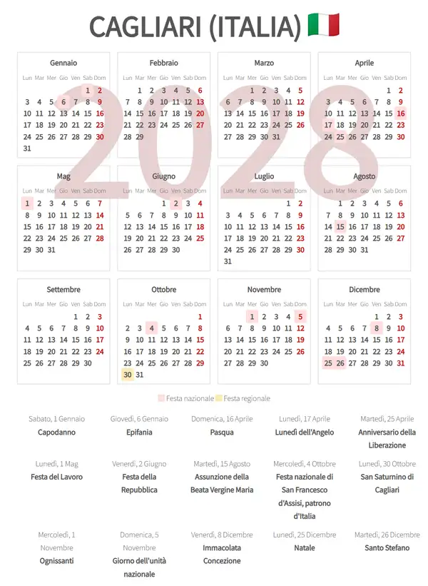Calendario Lavorativo 2028, Cagliari (Italia)