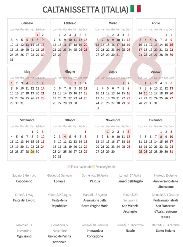 Calendario Lavorativo 2028, Caltanissetta (Italia)