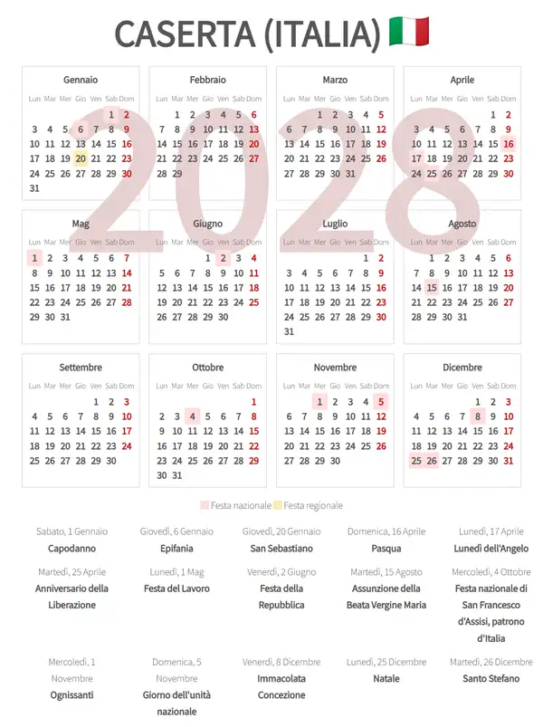 Calendario Lavorativo 2028, Caserta (Italia)