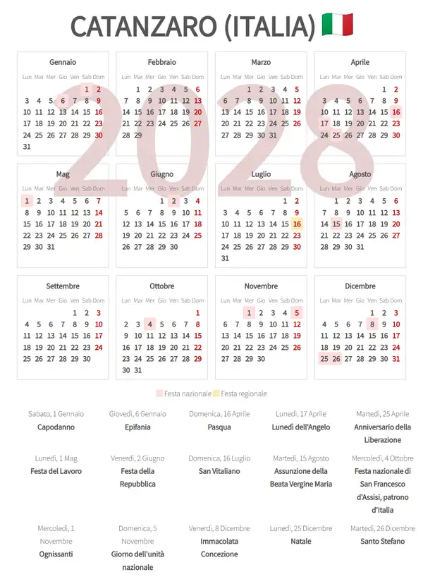 Calendario Lavorativo 2028, Catanzaro (Italia)