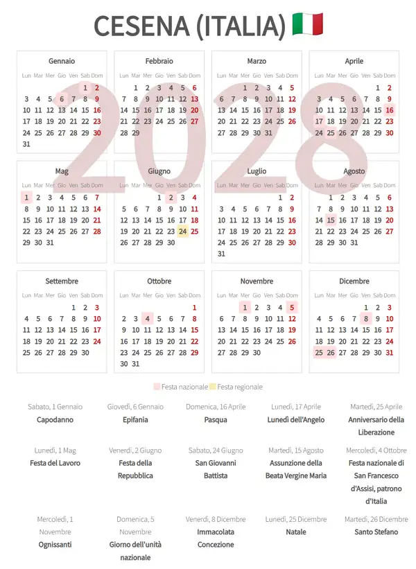 Calendario Lavorativo 2028, Cesena (Italia)