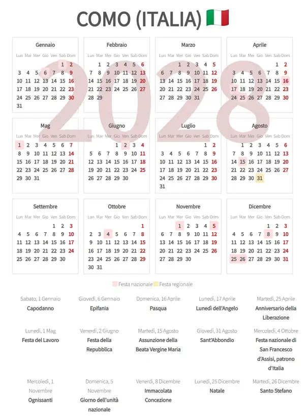 Calendario Lavorativo 2028, Como (Italia)