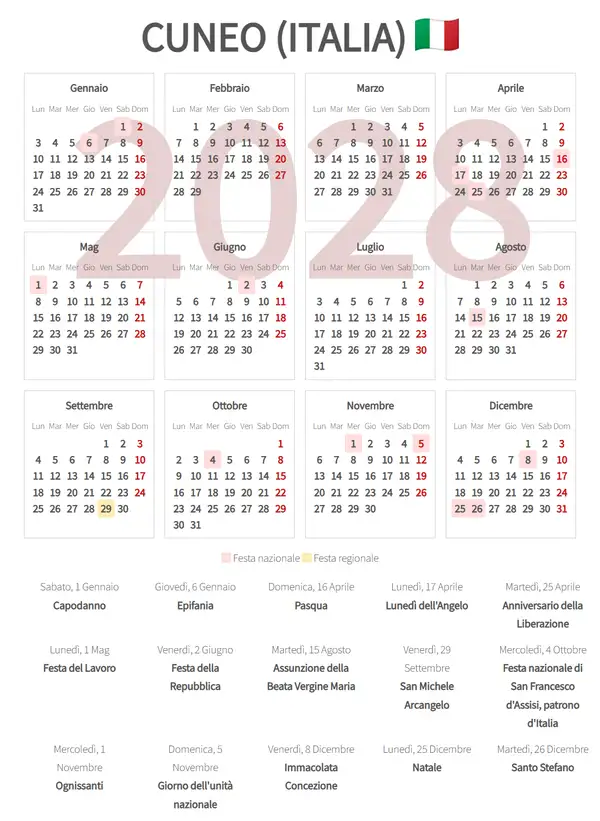 Calendario Lavorativo 2028, Cuneo (Italia)