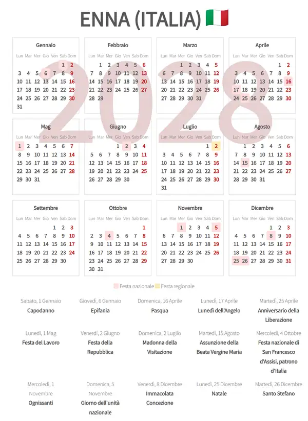 Calendario Lavorativo 2028, Enna (Italia)