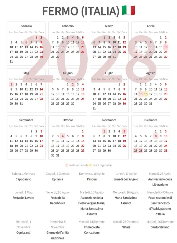 Calendario Lavorativo 2028, Fermo (Italia)