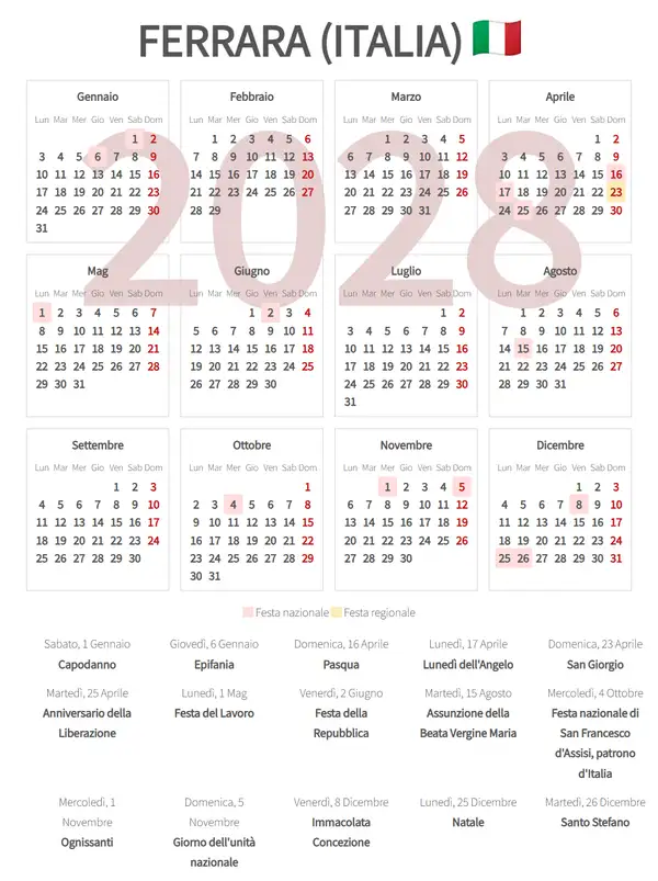 Calendario Lavorativo 2028, Ferrara (Italia)