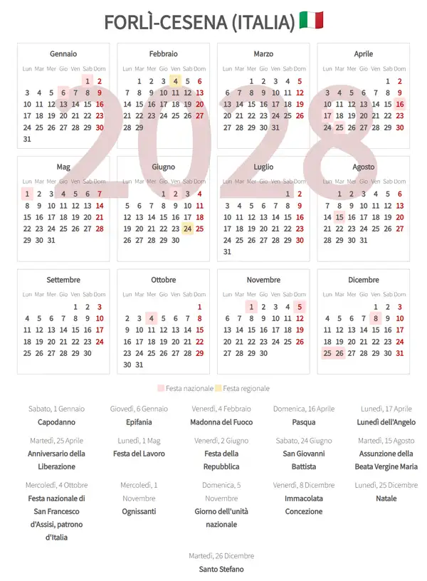Calendario Lavorativo 2028, Forlì-cesena (Italia)