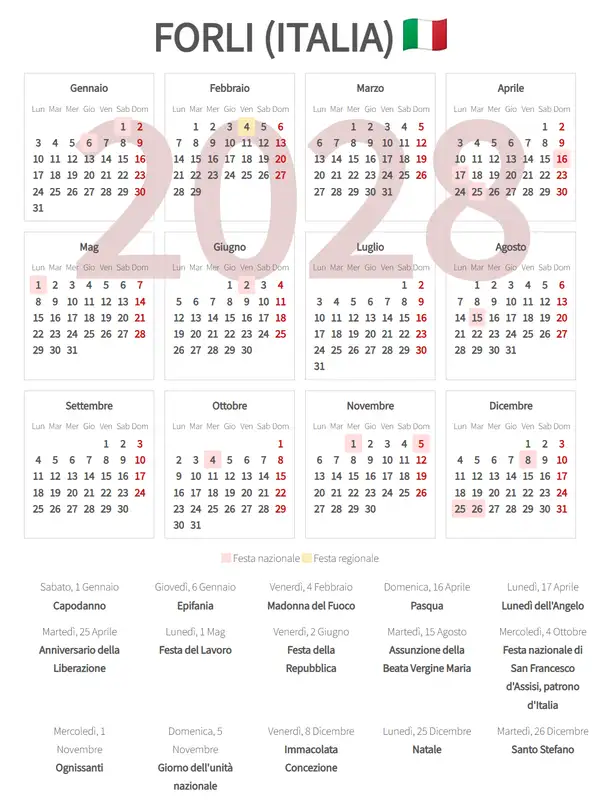 Calendario Lavorativo 2028, Forli (Italia)