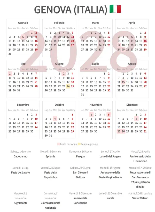 Calendario Lavorativo 2028, Genova (Italia)