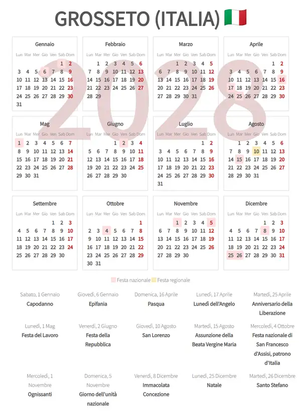 Calendario Lavorativo 2028, Grosseto (Italia)