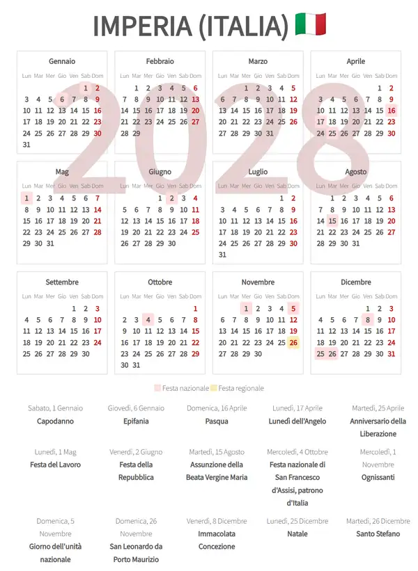 Calendario Lavorativo 2028, Imperia (Italia)