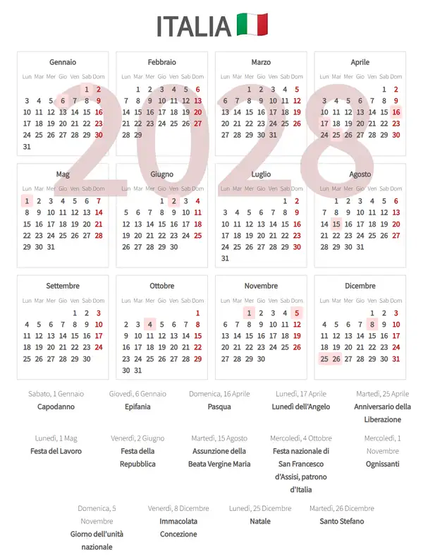 Calendario Lavorativo 2028 per Italia