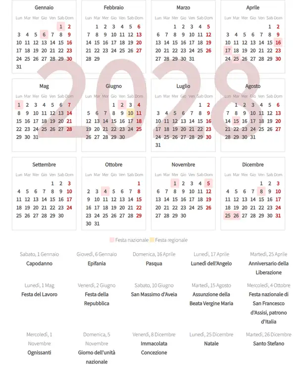 Calendario Lavorativo 2028, L'aquila (Italia)