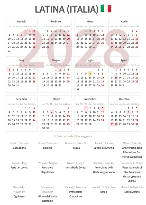 Calendario Lavorativo 2028, Latina (Italia)