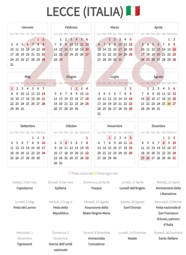 Calendario Lavorativo 2028, Lecce (Italia)