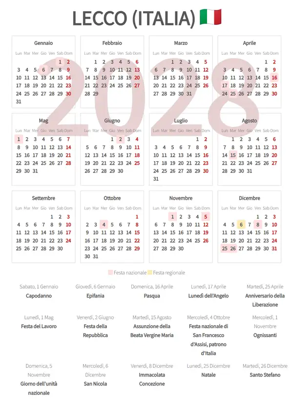Calendario Lavorativo 2028, Lecco (Italia)
