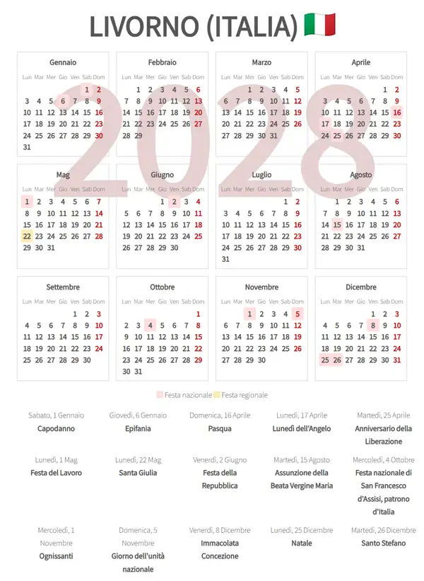 Calendario Lavorativo 2028, Livorno (Italia)