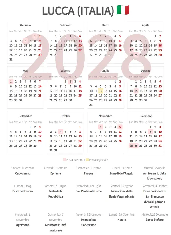 Calendario Lavorativo 2028, Lucca (Italia)