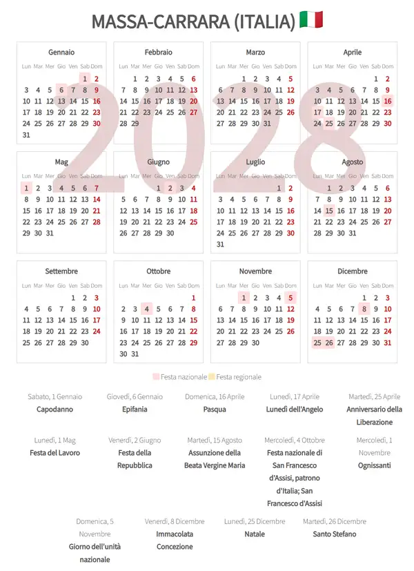 Calendario Lavorativo 2028, Massa-carrara (Italia)