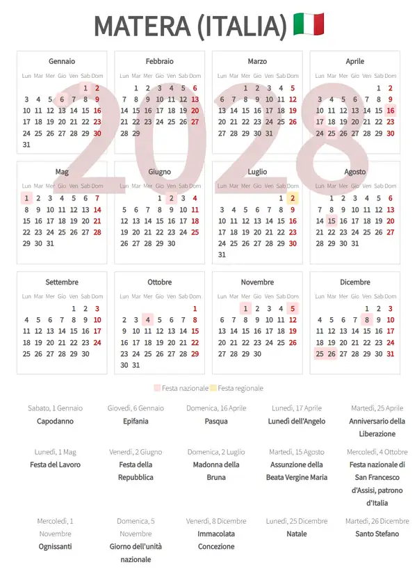 Calendario Lavorativo 2028, Matera (Italia)
