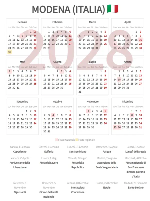 Calendario Lavorativo 2028, Modena (Italia)