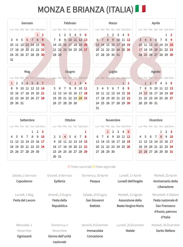 Calendario Lavorativo 2028, Monza e brianza (Italia)