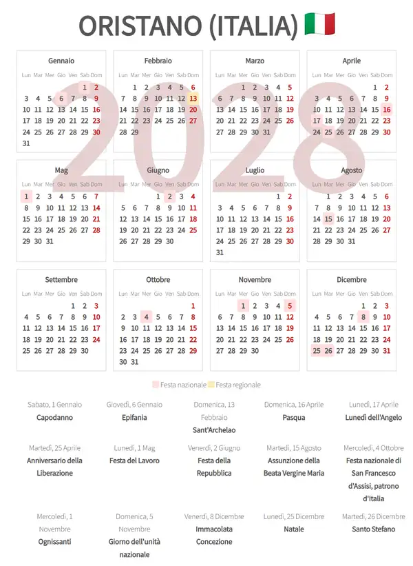 Calendario Lavorativo 2028, Oristano (Italia)