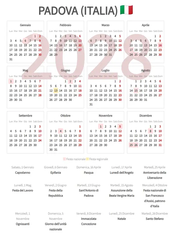 Calendario Lavorativo 2028, Padova (Italia)