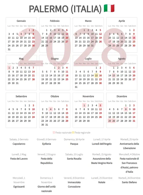 Calendario Lavorativo 2028, Palermo (Italia)