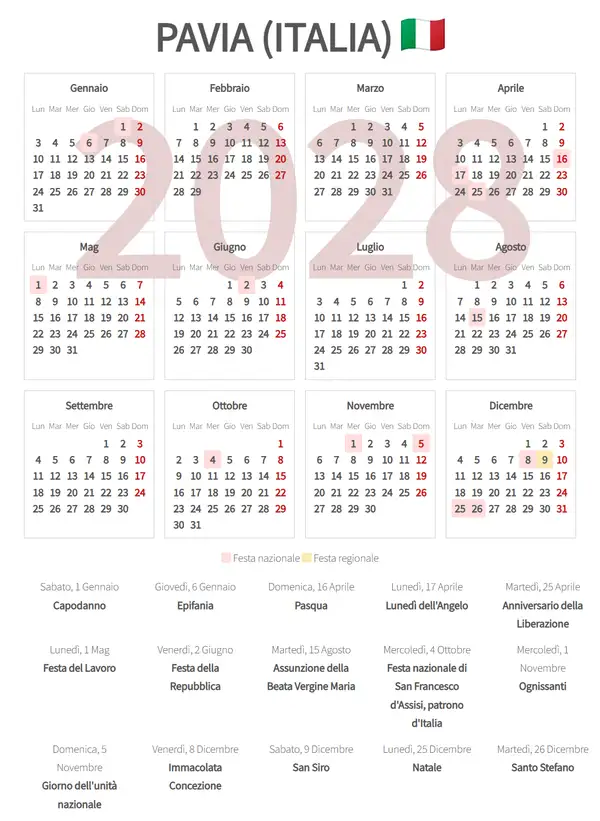 Calendario Lavorativo 2028, Pavia (Italia)