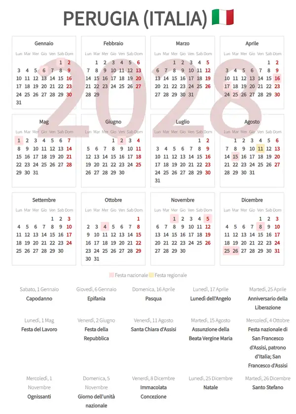 Calendario Lavorativo 2028, Perugia (Italia)
