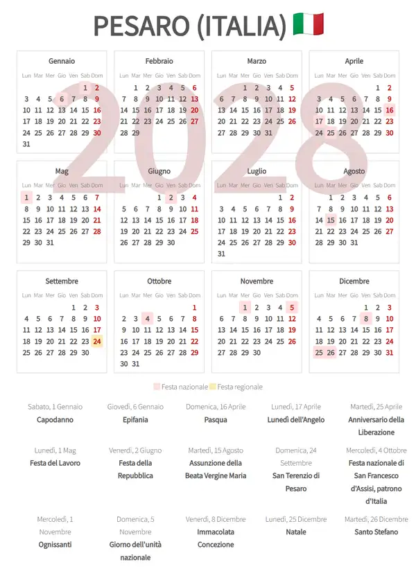 Calendario Lavorativo 2028, Pesaro (Italia)