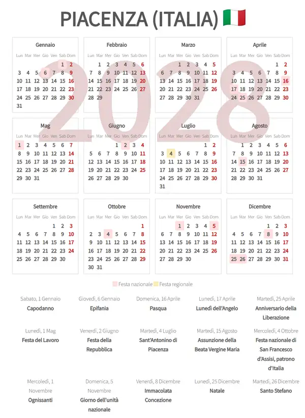 Calendario Lavorativo 2028, Piacenza (Italia)