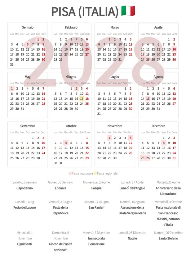 Calendario Lavorativo 2028, Pisa (Italia)