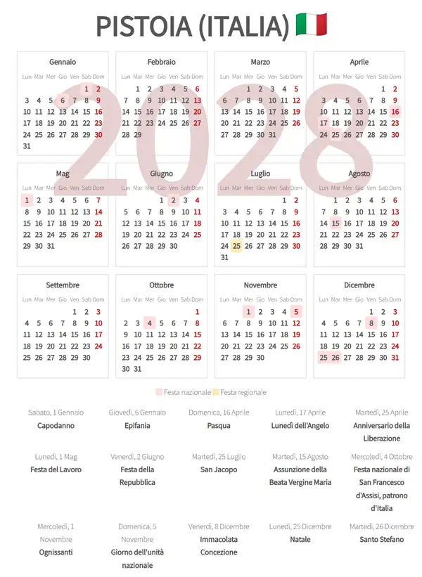 Calendario Lavorativo 2028, Pistoia (Italia)