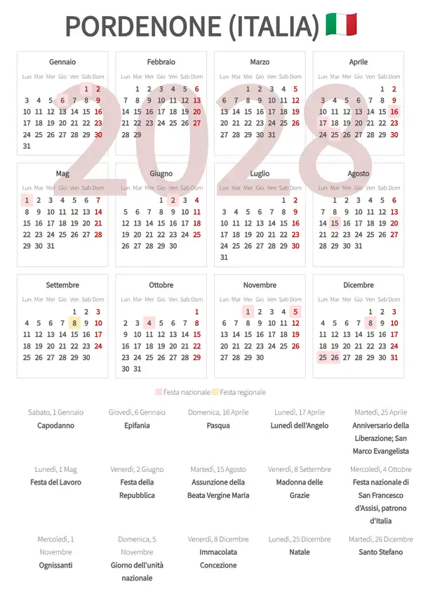 Calendario Lavorativo 2028, Pordenone (Italia)